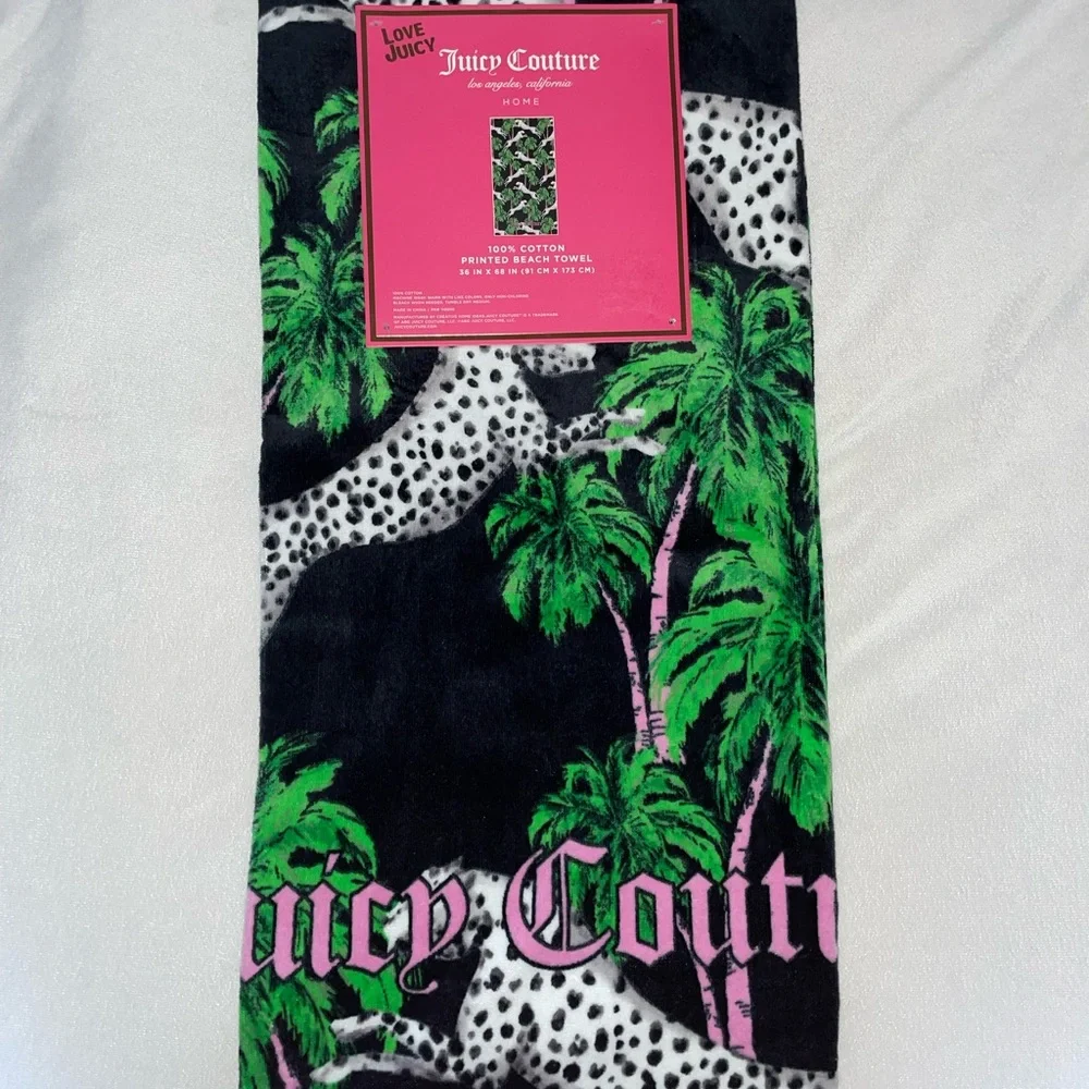 New! Juicy Couture Leopard/Pink Palm Printed Cotton Logo Beach Towel 68”x38”💖🌴